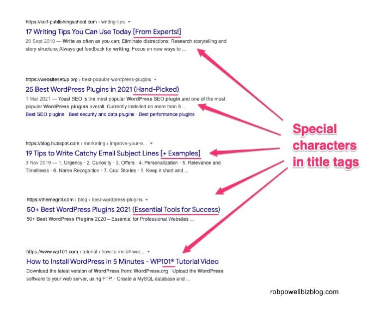 examples of special characters in SERP snippet title tags