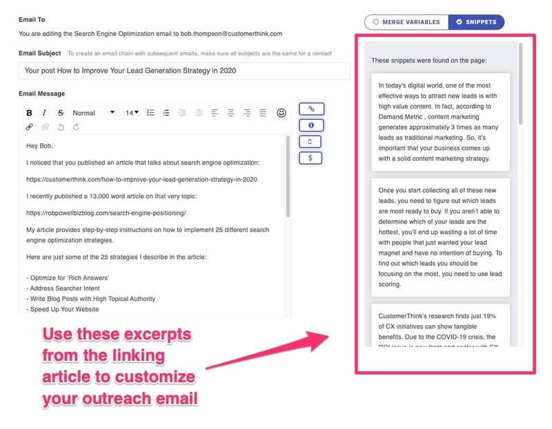 personalize your outreach emails with snippets from the linking article