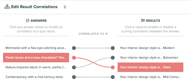 use the correlation tool to match quiz answers with quiz results