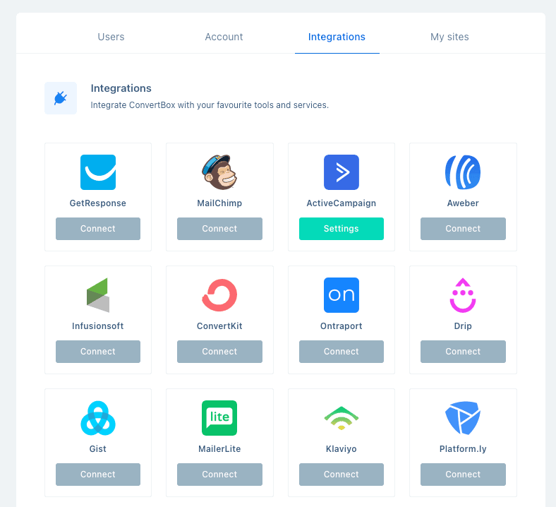 Integrations supported by ConvertBox