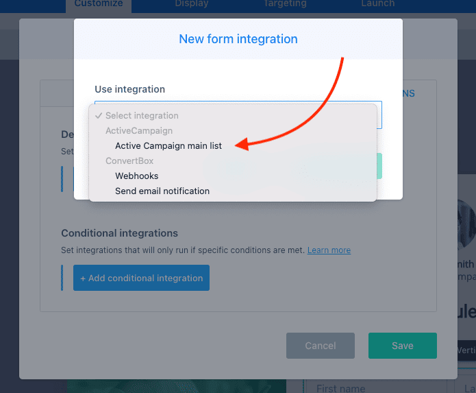 adding a form integration in ConvertBox